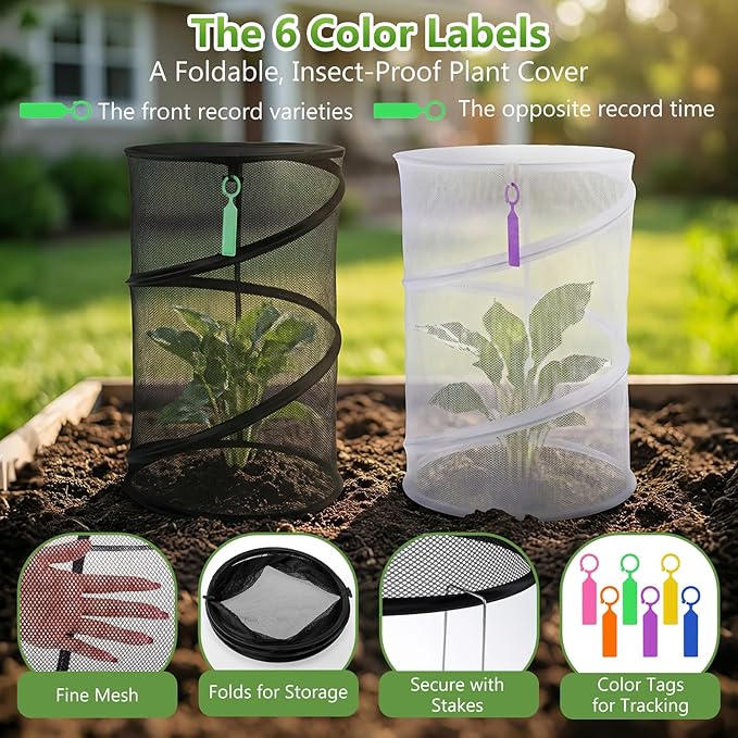 5 Pack Pop Up Plant Covers from Animals (3 Black 2 White) 13''D x 20''H Mesh Plant Covers with 24 Stakes 36 Color Labels, Plant Protector from Insects for Vegetables, Flowers, Seedlings