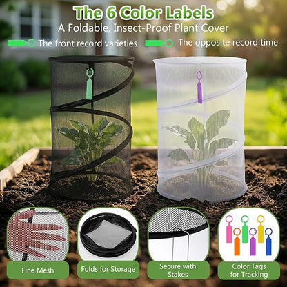5 Pack Pop Up Plant Covers from Animals (3 Black 2 White) 13''D x 20''H Mesh Plant Covers with 24 Stakes 36 Color Labels, Plant Protector from Insects for Vegetables, Flowers, Seedlings