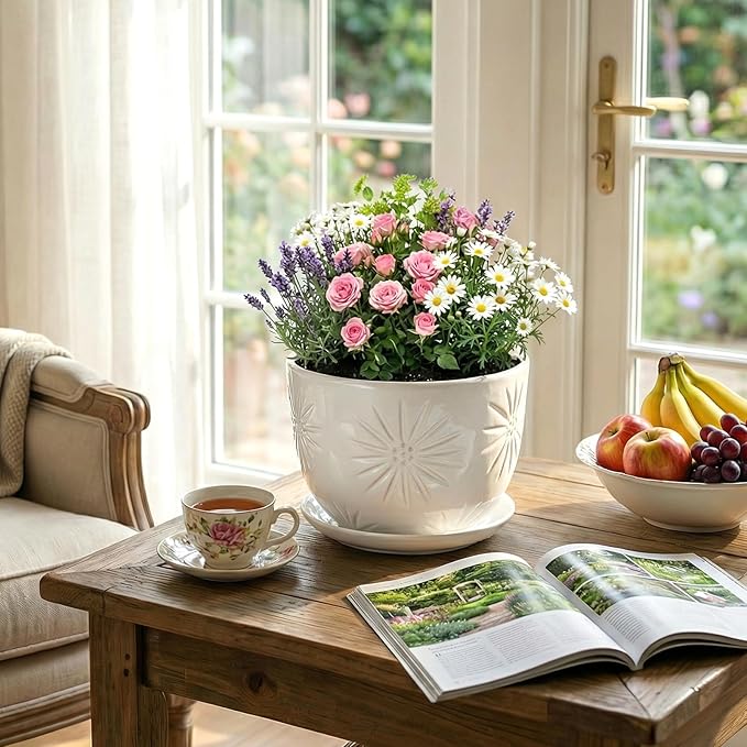 MyGift 7 Inch Round White Ceramic Plant Pot with Drainage Hole and Attached Saucer, Modern Decorative Embossed Sunburst Planter Container for Indoor Home Garden