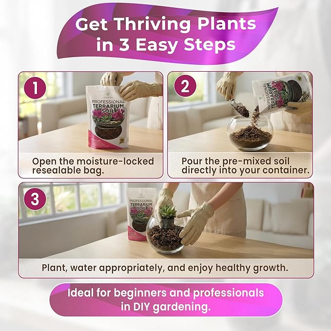 Professional Terrarium Soil | Premium Bedding for Live Succulents, Cacti and Aloe Plants | Large 2.2 Quarts | Ready to Use | Pine Bark, Peat, Course Sand | Made in USA