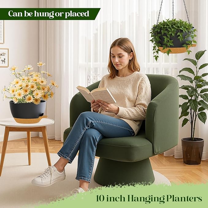 2 Pack 10 Inch Self Watering Hanging Planters for Indoor Plants, Large Black Brown Plastic Hanging Pots with Chains for Outdoor Patio Garden Home Decor (Black Brown)