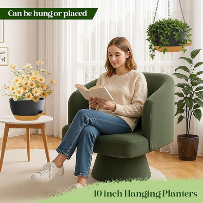 2 Pack 10 Inch Self Watering Hanging Planters for Indoor Plants, Large Black Brown Plastic Hanging Pots with Chains for Outdoor Patio Garden Home Decor (Black Brown)