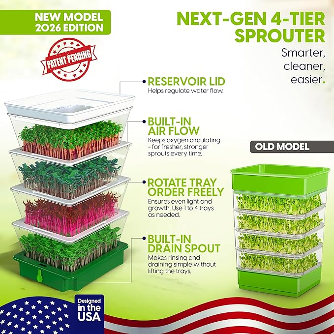 4-Tier Stackable Sprouting Kit with Sink Drain Spout & Ventilated Trays – Modular Seed Sprouter & Microgreens Germination System for Growing Broccoli, Alfalfa & Bean Sprouts.