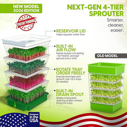 4-Tier Stackable Sprouting Kit with Sink Drain Spout & Ventilated Trays – Modular Seed Sprouter & Microgreens Germination System for Growing Broccoli, Alfalfa & Bean Sprouts.