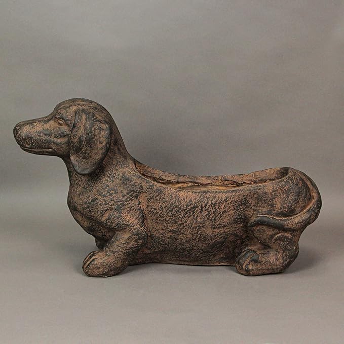 Whimsical Dachshund Dog Resin Planter: Rustic Brown Finish, Indoor-Outdoor Decor, 20 Inches Long, Weather-Resistant Succulent, Herb, and Flower Plant Pot