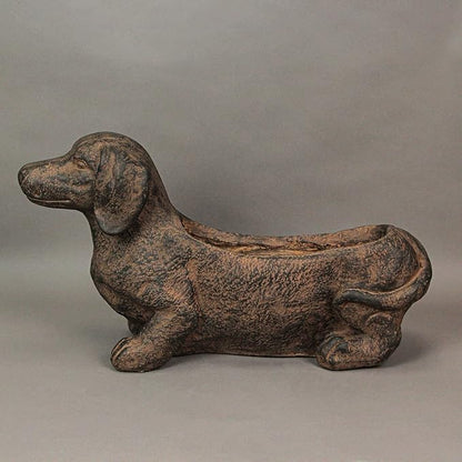Whimsical Dachshund Dog Resin Planter: Rustic Brown Finish, Indoor-Outdoor Decor, 20 Inches Long, Weather-Resistant Succulent, Herb, and Flower Plant Pot