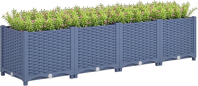 Outsunny 5 x 1 x 1 ft Raised Garden Bed, Indoor Outdoor Plastic Planter Box with Drainage Holes, Drain Plugs and Water Reservoirs for Vegetables, Herbs, Flowers & Succulents, Blue
