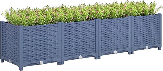 Outsunny 5 x 1 x 1 ft Raised Garden Bed, Indoor Outdoor Plastic Planter Box with Drainage Holes, Drain Plugs and Water Reservoirs for Vegetables, Herbs, Flowers & Succulents, Blue