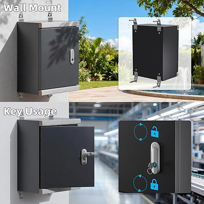 Joinfworld Outdoor Electrical Metal Box 15.7" x 11.8" x 7.8" Weatherproof Outdoor Junction NEMA Enclosure Box with Lock Din Rail Cable Gland