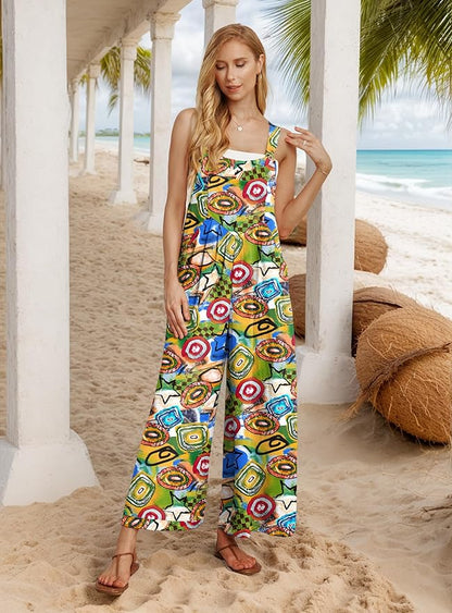 IWOLLENCE Women's Summer Jumpsuits Boho Wide Leg Overalls Casual Loose Rompers with Pockets 2025
