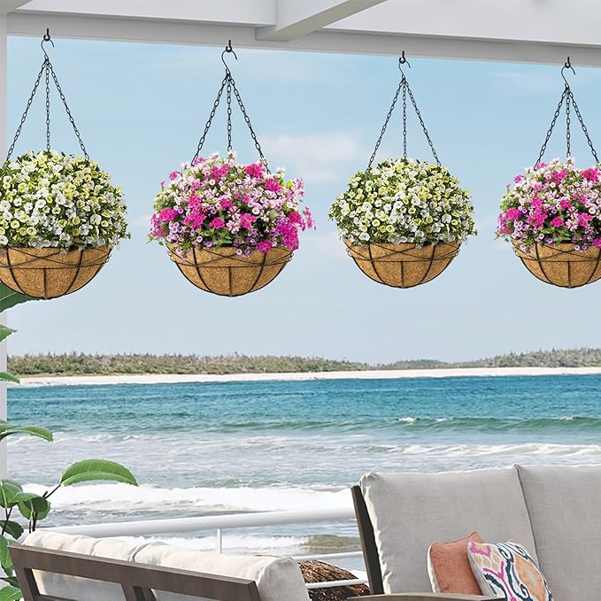 4 Pack 16 Inch Hanging Planters for Outdoor Plants Metal Wire Flower Baskets with Coco Liner & Plastic Saucer Large Deep Hanging Plant Pots for Porch Balcony Garden Décor