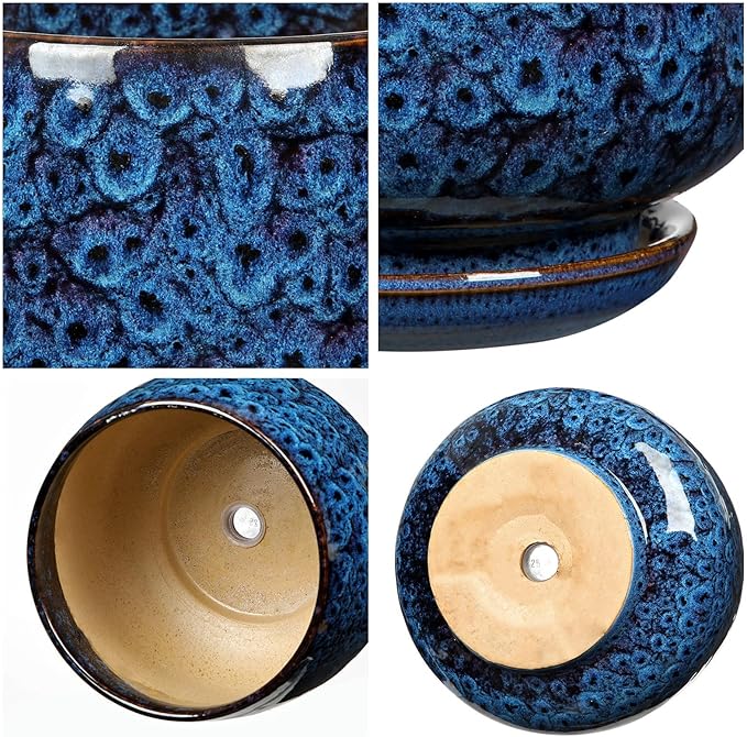 Blue Ceramic Planter Pots with Drainage Holes, Set of 2 7''+5'' Saucers and Mesh Pads Large Round Plant Pot for Indoor-Outdoor Plants, Succulent Orchid Flower