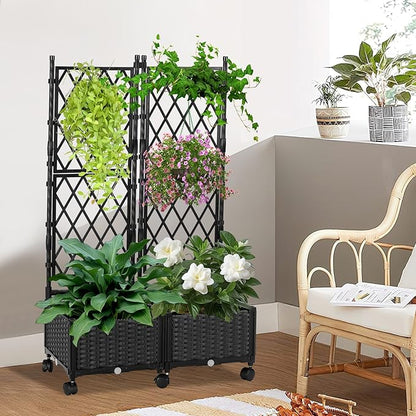 Raised Garden Beds with Screen Outdoor, Garden Trellis for Climbing Plants Indoor, Raised Privacy Planter Box with Trellis for Balcony Backyard Patio, Black, 2 Pcs