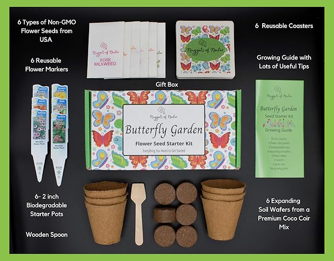 Butterfly Garden Flower Seed Starter Kit - Grow 6 Types of Wildflower Seeds Including Milkweed, Coreopsis, Cosmos, Echinacea, Gaillardia and Zinnia Seeds