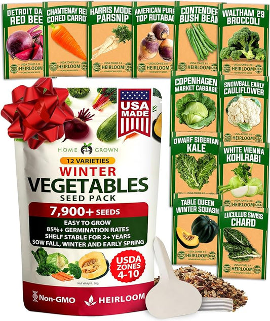 HOME GROWN 12 Winter Vegetable Seeds Heirloom,Fall & Winter Vegetable Seeds for Planting Home Garden: Bean, Beet, Broccoli, Cabbage, Carrot, Cauliflower, Kale,Parsnip,Squash,Chard & More