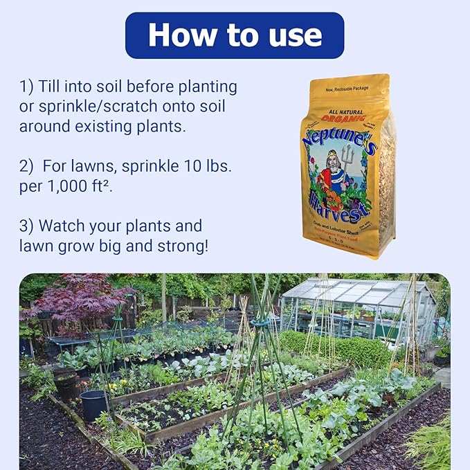 Neptune’s Harvest Organic Crab & Lobster Shell Multi-Purpose Plant Food (5-3-0) - 4 LB Resealable Bag - Rich in Nutrients Soil Fertilizer - Plant Food for Lawns, Gardens, and Vegetables