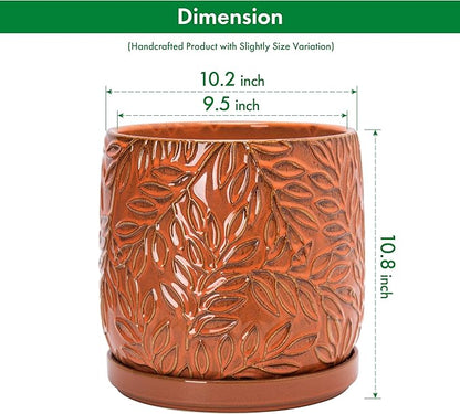 D'vine Dev 10 Inch Embossed Leaves Stoneware Planter Pot with Drainage Hole and Saucer, Pumpkin, 27-A-P-J