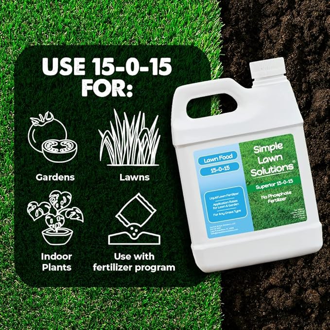 Superior 15-0-15 Liquid Fertilizer Nitrogen & Potash Lawn Food - Concentrated Spray- Any Grass Type- Simple Lawn Solutions Green, Growth - Humic Acid - Kelp Seaweed - Phosphorus-Free (1 Quart)