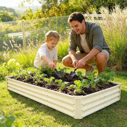 GARDMAX 8x4x1FT Galvanized Raised Garden Bed Kit, Metal Planter Boxes Outdoor with Easy Assembly, Large Garden Bed for Vegetables, Fruits, Flower, Herbs Rectangle Milk White