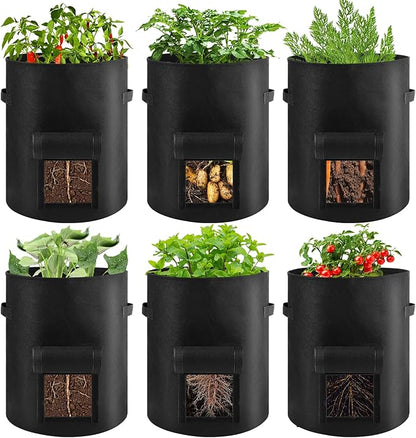 10 Gallon Potato Grow Bags,6 Pack Garden Planting Bag with Durable Handle and Harvest Window,Thick Nonwoven Fabric Planter Pot for Potato Tomatoes Carrots Vegetables and Fruits, Black