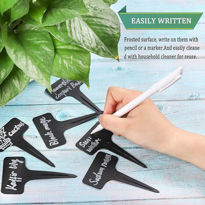 Whaline 100 Pcs Plastic Plant Labels Black T-Type Garden Stake Tags Waterproof Plant Markers Reusable Plant Signs for Outdoor Indoor Nursery Potted Plants Seed with A White Marker Pen (6 x 10 cm)