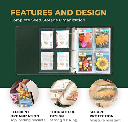 Seed Storage Organizer Binder - Seed Packet Organizer with 50 Pack Sheet Protectors that stores 200 Seed Envelopes. Seed Storage Binder delivering complete Seed Saving Kit for every Garden Lover.
