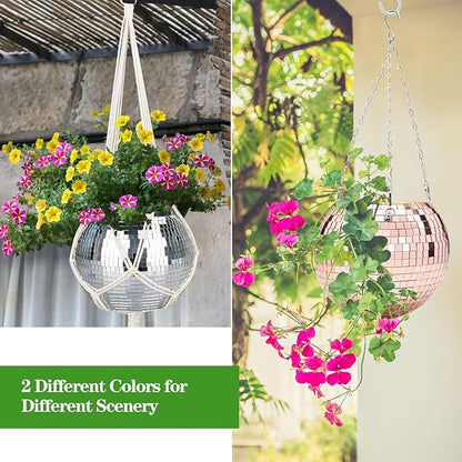 Disco Ball Planter, 1pcs 9” Silver Disco Ball Planter, Disco Ball Plant Hanger with Hanging Rope, Hanging Chain, Hook, Circle and Extra Mirror Pieces