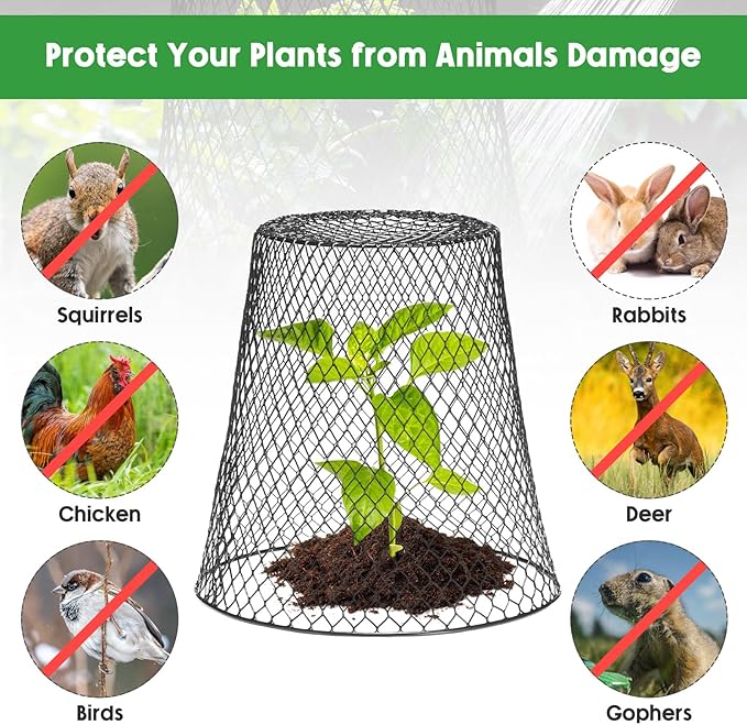 Geosar 30 Pcs 9 inch Chicken Wire Cloche Plant Protector Cover Metal Garden Cloche Dome for Plants Chicken Wire Protection Basket with Garden Stakes for Avoiding Rabbit Bird Small Animals Eat (Black)