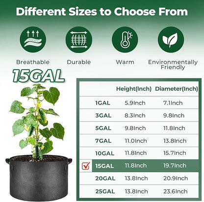 T4U Fabric Plant Grow Bags with Handle 15 Gallon Pack of 5, Heavy Duty Nonwoven Smart Garden Pot Thickened Aeration Nursery Container Black for Outdoor Potato, Tomato, Chili, Carrot and Vegetables