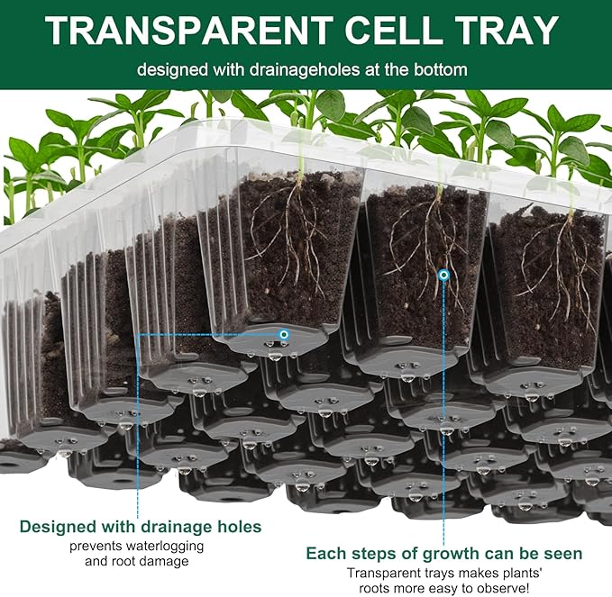 5 Pcks Seed Starter Tray 200 Cells Seed Starter Kit with Humidity Dome, Seed StartingTrays for Seed Seedling Planting Starter, Mini Greenhouse Plant Germination Trays（Green）