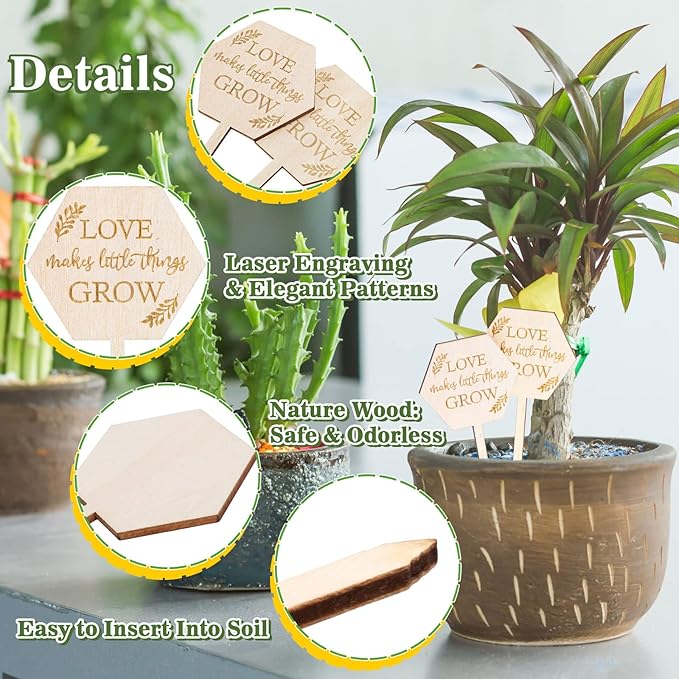AnyDesign 30Pcs Love Makes Little Things Grow Plant Labels Wooden Plant Stakes Succulent Garden Marker Plant Sign for Seed Potted Teacher Appreciation Gift Wedding Baby Shower Thanksgiving Supplies