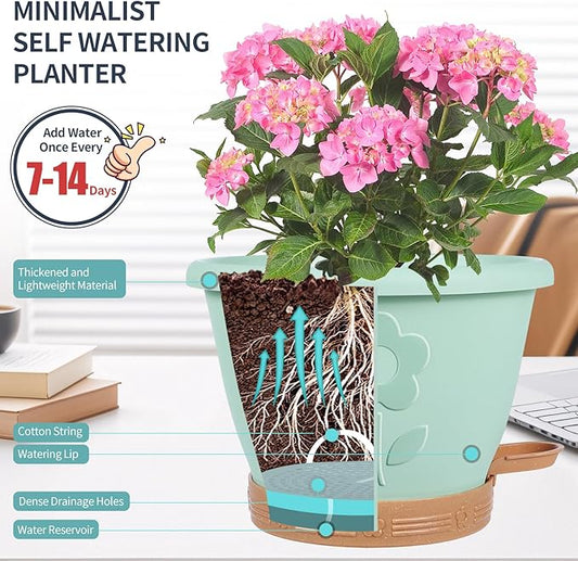 Plastic Plant Pots 10 Inch Set of 4, Self Watering Pots with Drainage Holes, Saucer & Reservoir, Flower Pots for Indoor/Outdoor Plants, Decorative Nursery Planting Pots (Green)
