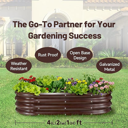 GOOZOO Galvanized Planter Raised Garden Bed, 4x2x1ft Raised Garden Bed Kit for Gardening Outdoor, Oval Metal Land Planter Box for Vegetables, Fruits, Flowers（Brown）