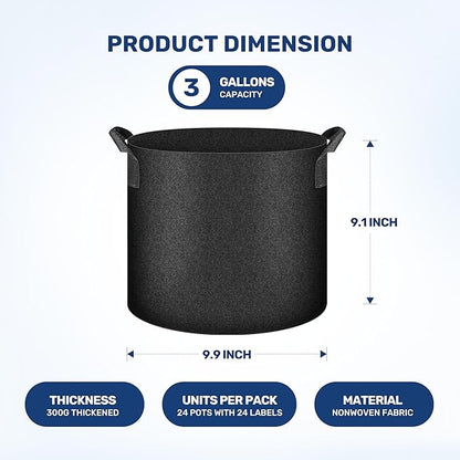 YSSOA Grow Bags 24 Pack 3 Gallon 300G Reusable Breathable Gardening Pots with Handles Non-Woven Fabric Plant Bags, Heavy Duty Planting Bags for Grow Tent Hydroponic & Outdoor Vegetables Tomatoes