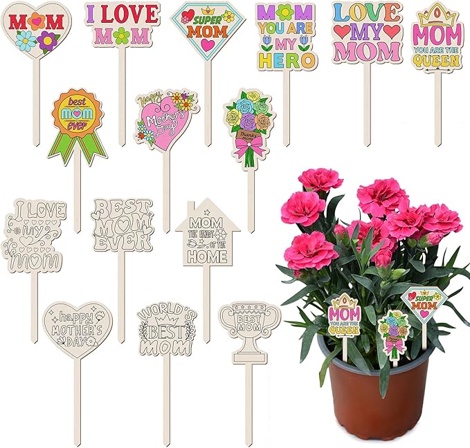 15 Pcs Mother's Day Crafts Mom Plant Stakes Craft Kits Color Your Own Best Mom Plant Labels Gift DIY Unfinished Cutouts Present Tags for Mother's Day, Gardeners, Funny Gardening Gifts