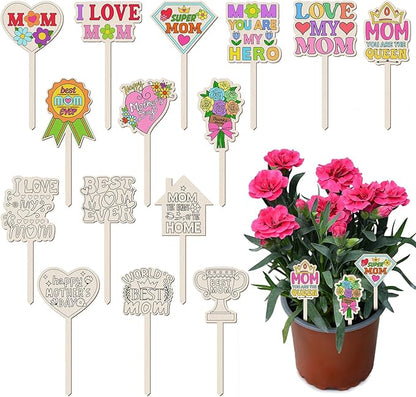 15 Pcs Mother's Day Crafts Mom Plant Stakes Craft Kits Color Your Own Best Mom Plant Labels Gift DIY Unfinished Cutouts Present Tags for Mother's Day, Gardeners, Funny Gardening Gifts