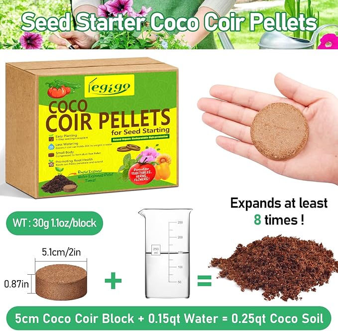 Legigo 50 Pcs 50mm Coco Coir Pellets Seed Starter Soil Mix- Organic Coconut Coir Potting Soil Pods for Seedling, Coco Peat Soil Discs for Indoor & Outdoor Plants Bonsai Herbs Vegetables and Flowers