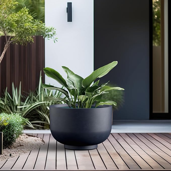 Kante 17.7 Inch Dia Concrete Bowl Planter, Large Tapered Bottom Plant Pot with Drainage, Smooth Charcoal Finish with Painted Interior, Ideal for Porch, Home, Garden, Patio
