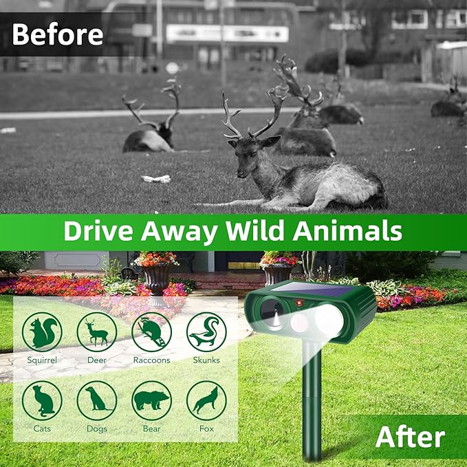 Upgraded Ultrasonic Solar Animal Repellent Outdoor Deer Repellent Devices Cat Deterrent Motion Detection Strobe Light IP65 Waterproof Repeller for Squirrel Racoon Dog Rabbit,Garden Yard,2 Pack