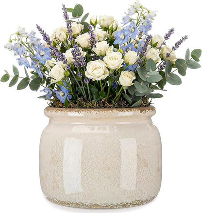 7.7″ Large Vintage Ceramic Plant Pot Pure Beige Rustic Planter with Ice Crackle Glaze & Drainage Hole for Indoor Outdoor Plants Farmhouse Home Kitchen Office Decor Gift for Women Teacher