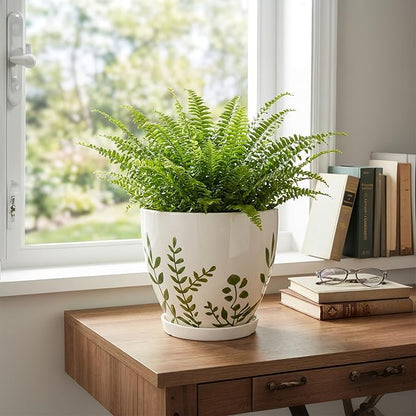 Ceramic Pot for Plants 8.2 Inch - Indoor Plant Pot with Drainage Hole and Saucer, Decorative Boho Round Outdoor Planter, Gardening Gifts for Women Men, Room Patio Office Home Decor, White