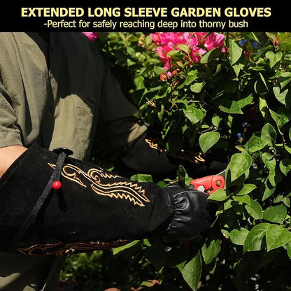 Long Leather Thorn Proof Gardening Gloves for Women/Men, Great for Rose Pruning, Cactus Handling, Weeding, Heavy Duty Gauntlet, Garden Gifts for Gardener (Western Style, Large)