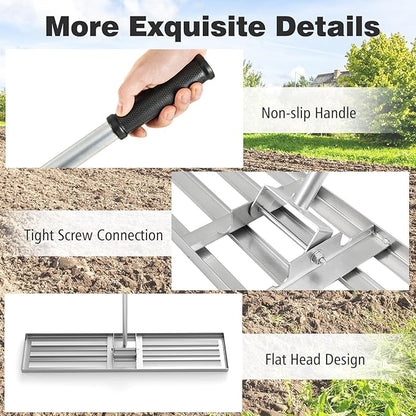 46" x 10" Lawn Leveling Rake, Heavy Duty Landscape Rake with 67" Handle, Non-Slip Grip & Flat Head, Space-Saving Lawn Level Tool for Garden, Backyard, Golf Course & Sports Field(Silver)