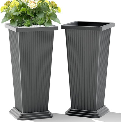 Set of 2 Tall Planters, 24" Large Indoor Outdoor Flower Pots with Tray, Modern Tapered Planters for Porch, Patio, Garden, Backyard