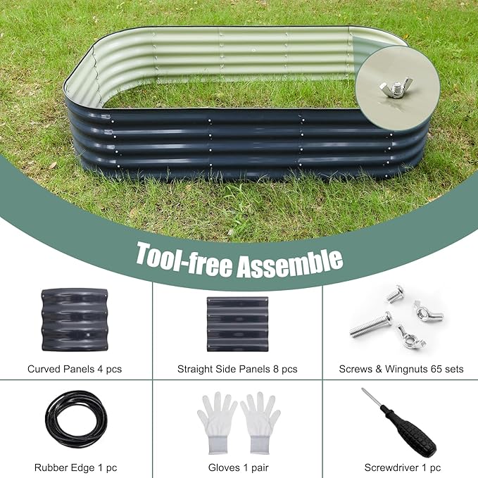 Galvanized Steel Raised Garden Bed 8x2ft Oval - 17" Tall 9-in-1 Modular Metal Planter Box for Vegetables/Flowers, Rust-Proof Outdoor Planters with Rubber Edge (Grey)