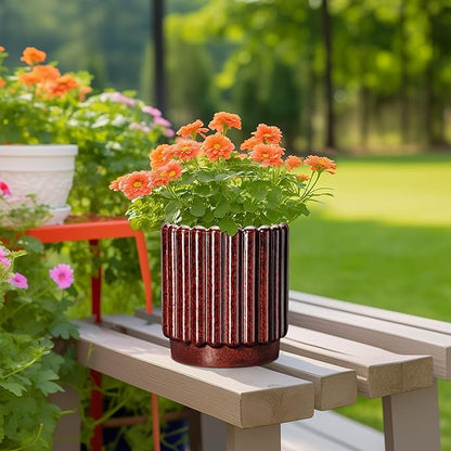 Ceramic Pots for Plants - 7.6 Inch Indoor Planter, Decorative Plant Pots with Drainage Hole, Fluted Ceramic Flower Pots, Round Planter Outdoor, Patio Decor, Gifts for Plant Lovers, Red