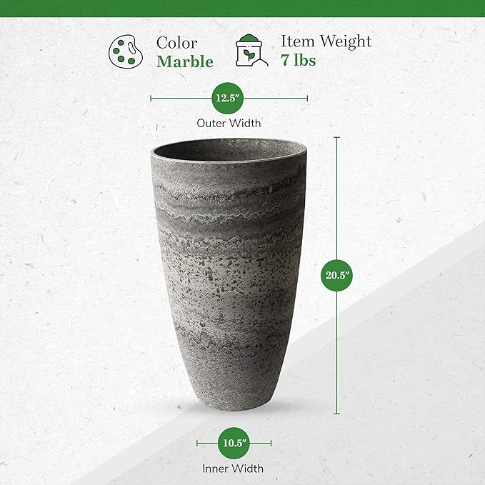 Algreen Products Acerra Composite Vase Planter with Drainage Hole, Decorative Texture, Removable Plug for Lawn and Garden, Marble