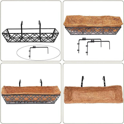 HFHOME 2 Pcs 30" Window Box Deck Railing Planter with Horse Trough Coco Liners, Black Metal Hanging Flower Planters Baskets for Indoor, Outdoor, Balcony, Porch, Fence, Patio, and Lawn