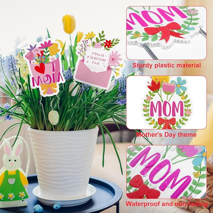 Weysat 6 Pcs Mother's Day Plant Stakes Flower Pots Signs Metal Garden Stakes Outdoor Decorative I Love You Mom Heart Flowers for Home Outdoor Lawn Decor Mothers Day Party Supplies