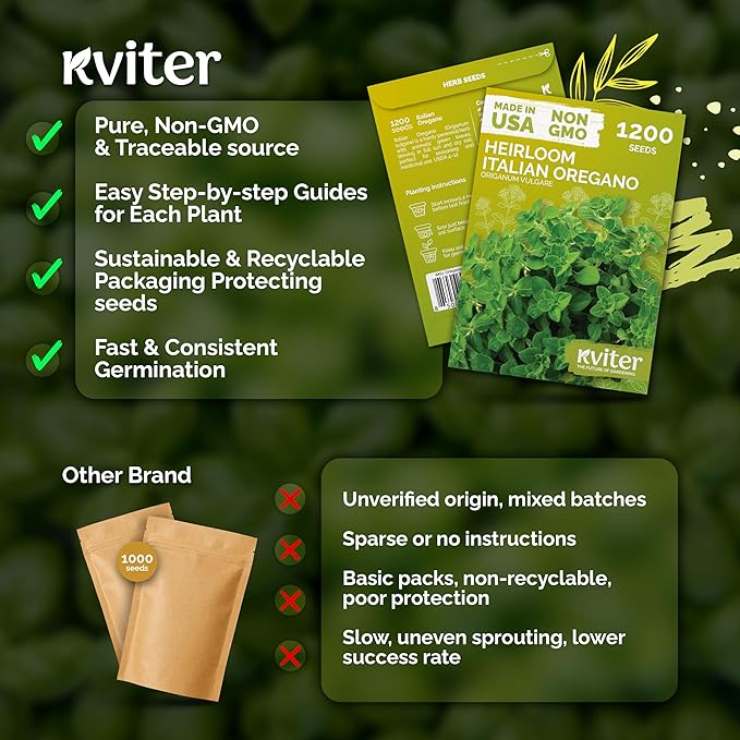 KVITER 1200 Italian Oregano Seeds for Planting (Origanum vulgare) - Majoram, Perennial Pizza Herb, Spicy Flavor Perfect Fresh & Dried - Non GMO & Heirloom Herb Seeds for Outdoor & Indoor Garden, Pots
